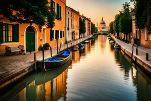 ein Kanal im Venedig mit Boote und Gebäude. KI-generiert foto