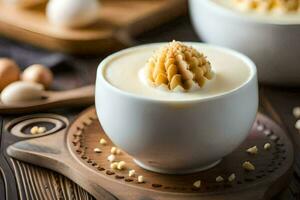 Ei Pudding im ein Tasse auf ein hölzern Tisch. KI-generiert foto