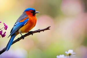 ein bunt Vogel sitzt auf ein Ast mit Blumen im das Hintergrund. KI-generiert foto