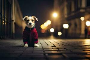 ein Hund tragen ein rot Jacke Sitzung auf das Boden beim Nacht. KI-generiert foto