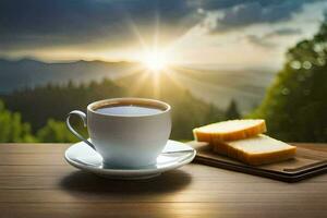 Kaffee und Brot auf das Tabelle im das Morgen. KI-generiert foto