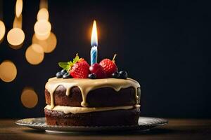 ein Geburtstag Kuchen mit ein zündete Kerze. KI-generiert foto