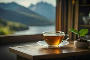 ein Tasse von Tee auf ein Tabelle im Vorderseite von ein Fenster mit ein Aussicht von ein See Und. KI-generiert foto