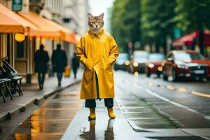 ein Katze tragen ein Gelb Regenjacke auf ein regnerisch Tag. KI-generiert foto