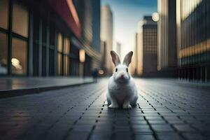 ein Weiß Hase ist Stehen im das Mitte von ein Stadt Straße. KI-generiert foto