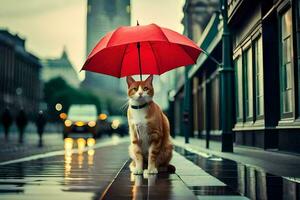 ein Katze ist Stehen auf ein nass Straße mit ein Regenschirm. KI-generiert foto