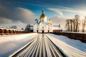ein Kirche im das Schnee mit ein golden Kuppel. KI-generiert foto
