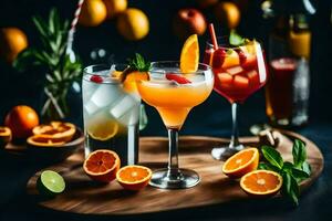 Cocktails mit Orangen und Minze auf ein hölzern Tablett. KI-generiert foto