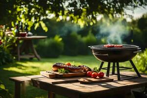 ein Grill Grill auf ein Tabelle im das Garten. KI-generiert foto