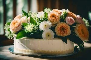 ein Hochzeit Kuchen mit Blumen auf oben. KI-generiert foto