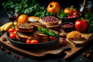 Lebensmittel auf ein Tabelle mit brot, Gemüse und andere Lebensmittel. KI-generiert foto