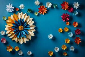 bunt Papier Blumen auf ein Blau Mauer. KI-generiert foto