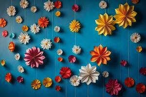 ein Mauer mit bunt Papier Blumen hängend von Saiten. KI-generiert foto