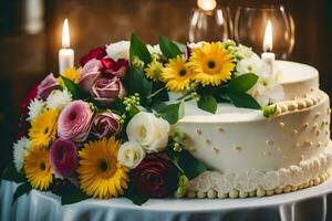 ein Hochzeit Kuchen mit Blumen und Kerzen. KI-generiert foto