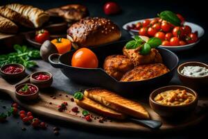 ein Vielfalt von Essen auf ein hölzern Tafel. KI-generiert foto