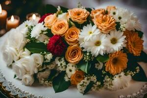 ein Hochzeit Kuchen mit Blumen und Kerzen. KI-generiert foto