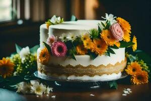 ein Hochzeit Kuchen mit Blumen auf oben. KI-generiert foto