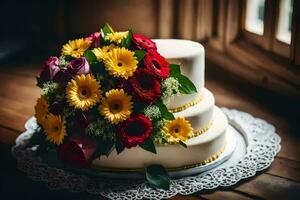 ein Hochzeit Kuchen mit bunt Blumen auf oben. KI-generiert foto