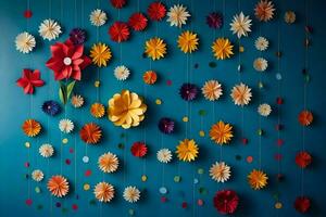 ein Mauer mit bunt Papier Blumen hängend von Es. KI-generiert foto