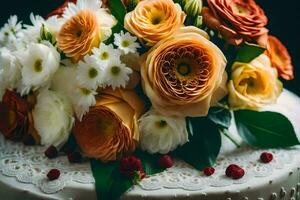ein Hochzeit Kuchen mit Orange und Weiß Blumen. KI-generiert foto