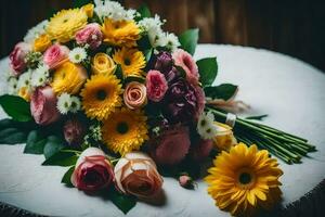 ein Strauß von Blumen auf ein Tisch. KI-generiert foto