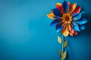 ein bunt Blume gemacht von Papier auf ein Blau Hintergrund. KI-generiert foto