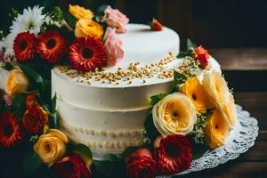 ein Weiß Kuchen mit Blumen auf oben. KI-generiert foto