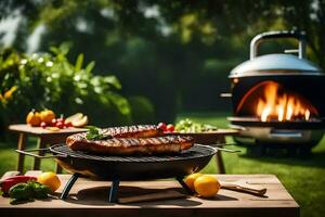 ein Grill mit Fleisch und Gemüse auf Es. KI-generiert foto