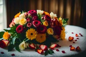 ein Strauß von Blumen auf ein Tisch. KI-generiert foto