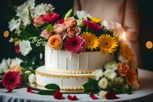 ein Hochzeit Kuchen mit bunt Blumen auf oben. KI-generiert foto