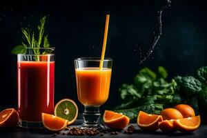 Orange Saft und frisch Früchte auf ein dunkel Hintergrund. KI-generiert foto