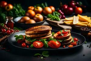 ein Teller von Sandwiches mit Tomaten, Käse und andere Zutaten. KI-generiert foto