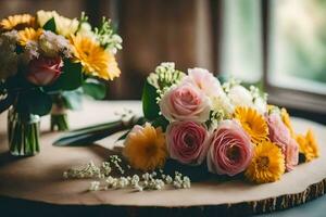 zwei Blumensträuße von Blumen Sitzung auf ein Tisch. KI-generiert foto