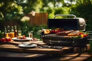 ein Grill mit Essen auf es Sitzung auf ein Tisch. KI-generiert foto