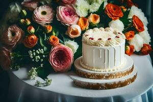 ein Weiß Kuchen mit Blumen auf oben von ein Tisch. KI-generiert foto