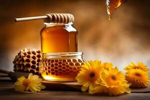 Honig und Blumen auf ein hölzern Tisch. KI-generiert foto
