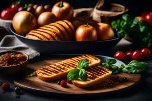 gegrillt Brot mit Tomaten und Basilikum auf ein hölzern Tafel. KI-generiert foto