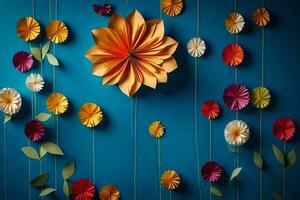 ein Mauer mit bunt Papier Blumen hängend von Saiten. KI-generiert foto