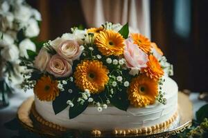 ein Weiß und Orange Hochzeit Kuchen mit Blumen. KI-generiert foto