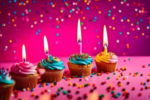 Geburtstag Kerzen auf Cupcakes. KI-generiert foto