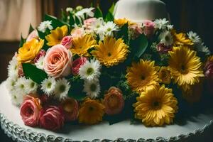 ein Hochzeit Kuchen mit Blumen auf oben. KI-generiert foto