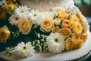 ein Hochzeit Kuchen mit Gelb und Weiß Blumen. KI-generiert foto