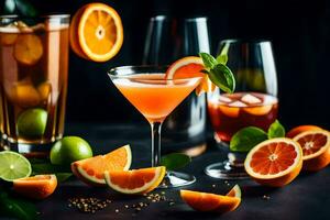 verschiedene Cocktails mit Orangen und Minze. KI-generiert foto