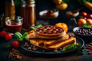 ein Teller von Waffeln mit Obst und Nüsse auf ein dunkel Hintergrund. KI-generiert foto