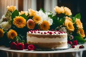 ein Hochzeit Kuchen mit Himbeeren und Blumen auf ein Tisch. KI-generiert foto