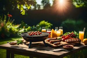 ein Grill Grill mit Essen auf es im das Garten. KI-generiert foto