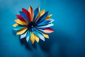 ein bunt Papier Blume auf ein Blau Mauer. KI-generiert foto