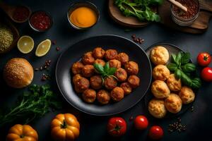 ein Teller von Essen mit Fleischklößchen, Tomaten und andere Zutaten. KI-generiert foto