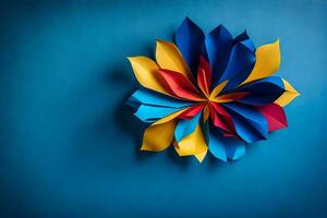 bunt Origami Blume auf ein Blau Hintergrund. KI-generiert foto