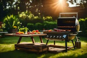 ein Grill Grill mit Gemüse und Fleisch auf Es. KI-generiert foto